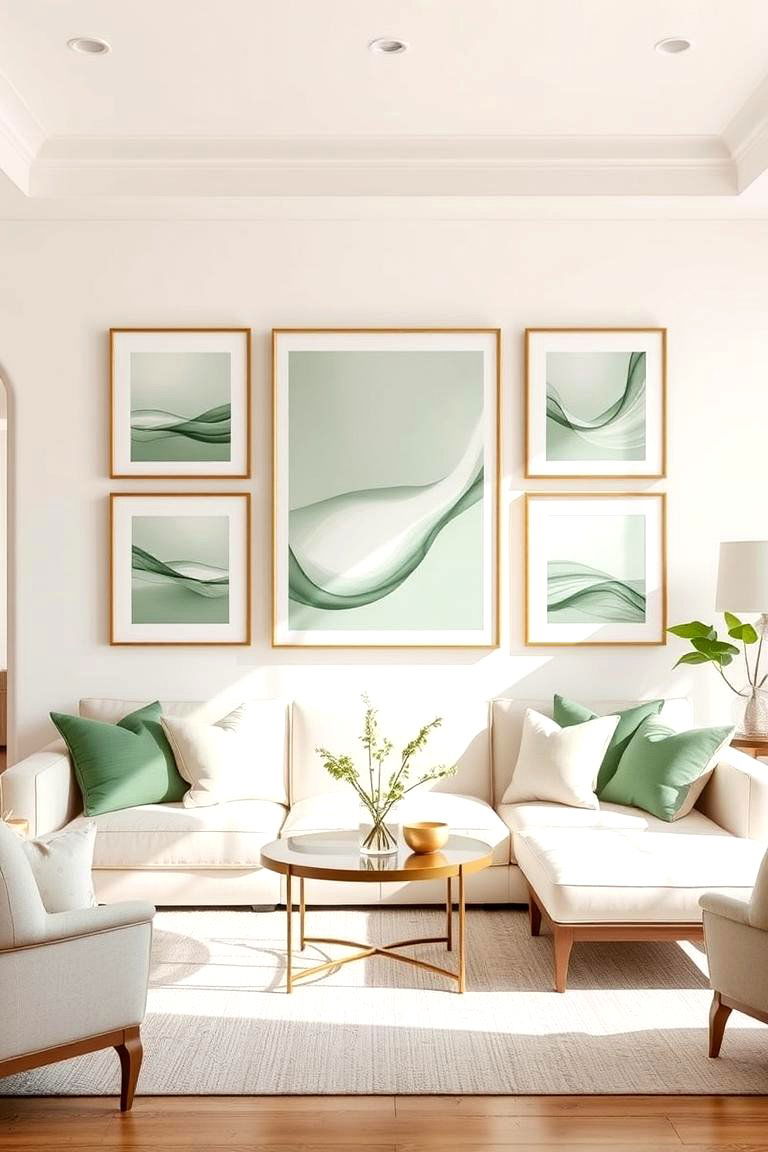 Sage Green Artwork on Cream Walls - 24 sage green and cream living room ideas