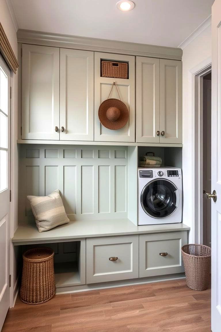 Sage Green Built In Bench - 24 Sage Green Laundry Room Ideas