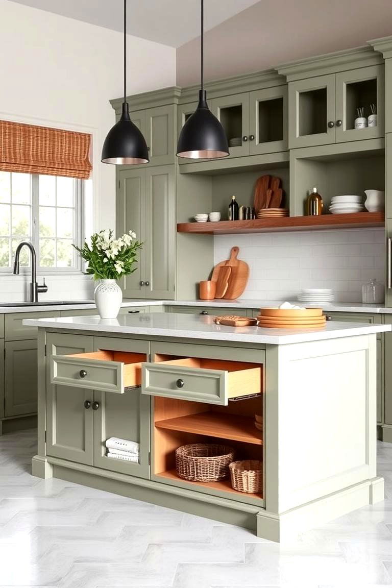 Sage Green Custom Storage Solutions - 24 Sage Green Kitchen Island Ideas