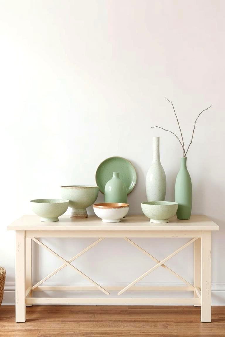 Sage Green Decorative Bowls and Vases on a Cream Console Table - 24 sage green and cream living room ideas