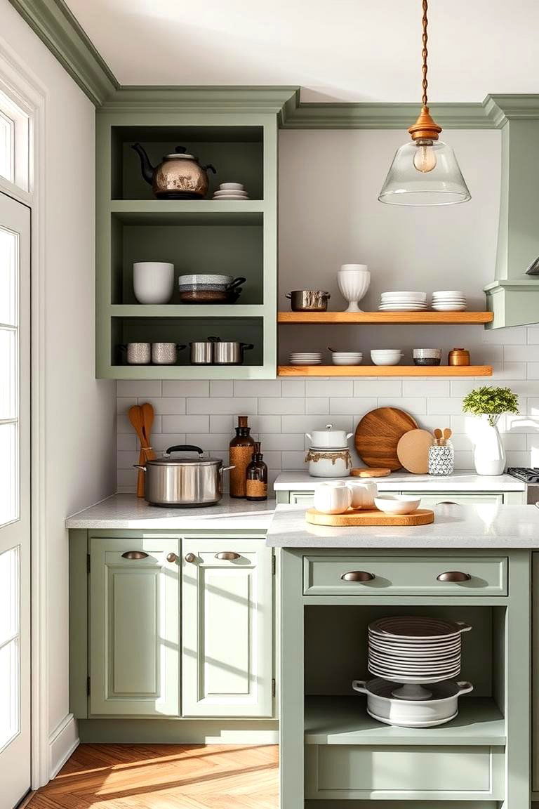 Sage Green Open Shelving Oasis - 24 Sage Green Kitchen Island Ideas