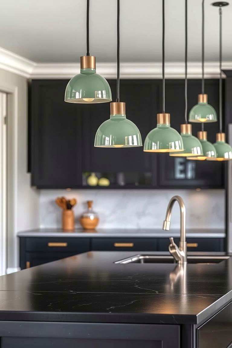 Sage Green Pendant Lights Over Black Island - 24 Sage Green and Black Kitchen Ideas