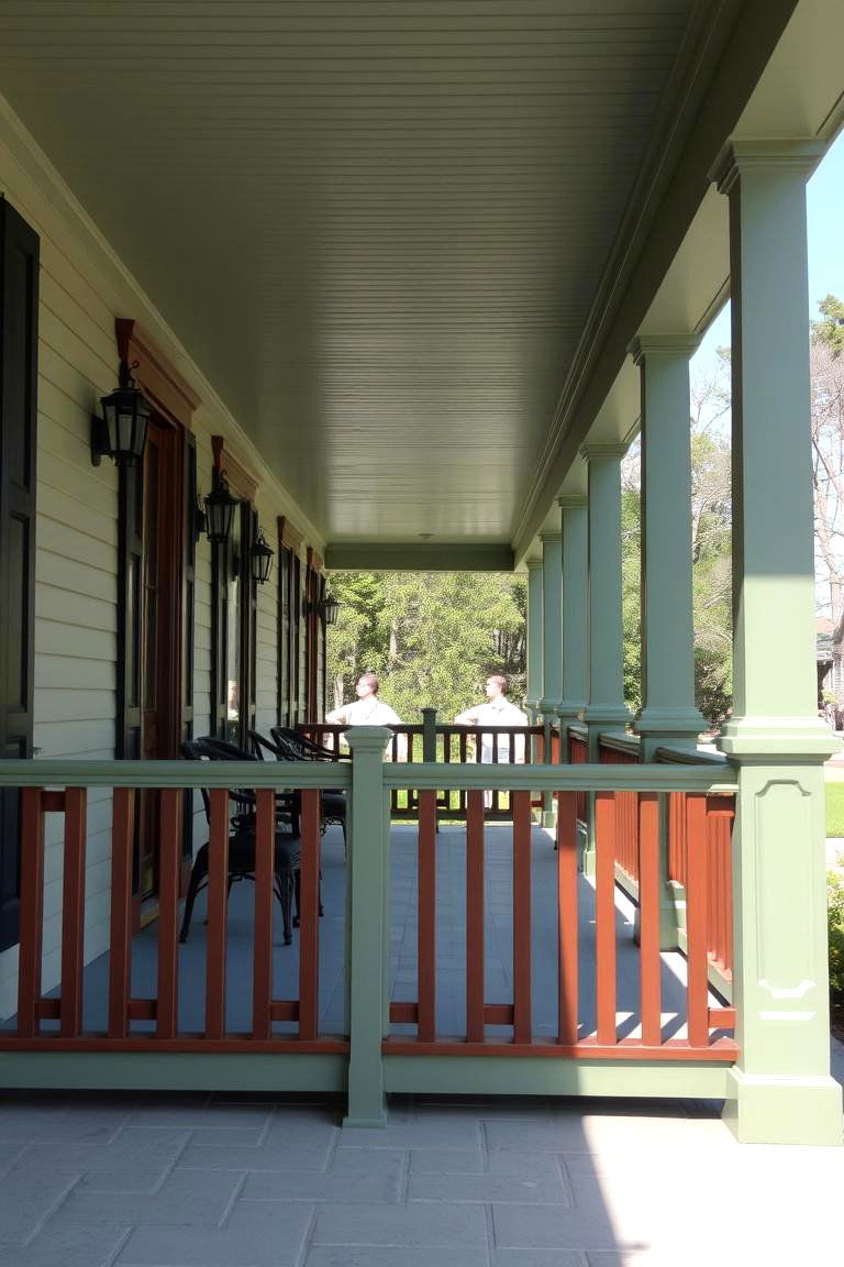 Sage Green Porch with Brown Railings - 24 Sage Green House With Brown Trim Ideas