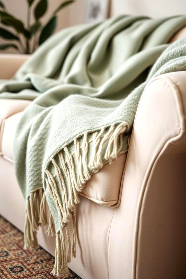 Sage Green Throw Blanket for Texture and Warmth - 24 sage green and cream living room ideas