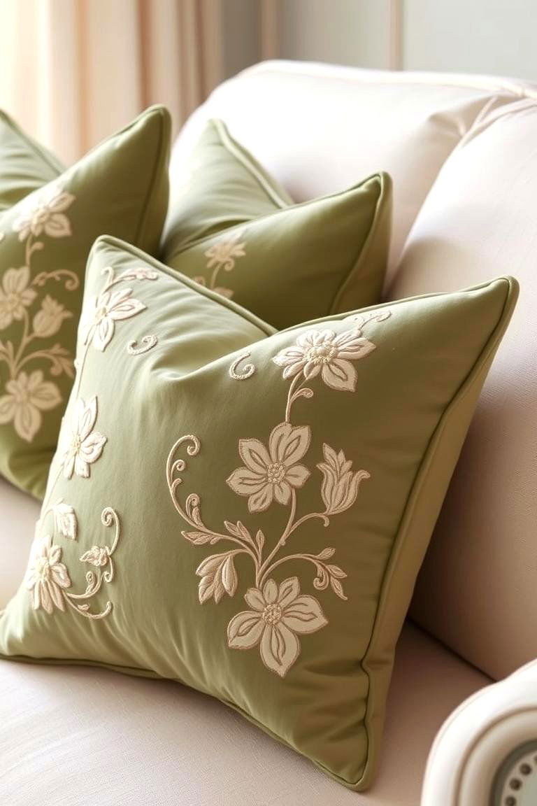 Sage Green Throw Pillows with Cream Embroidery - 24 sage green and cream living room ideas