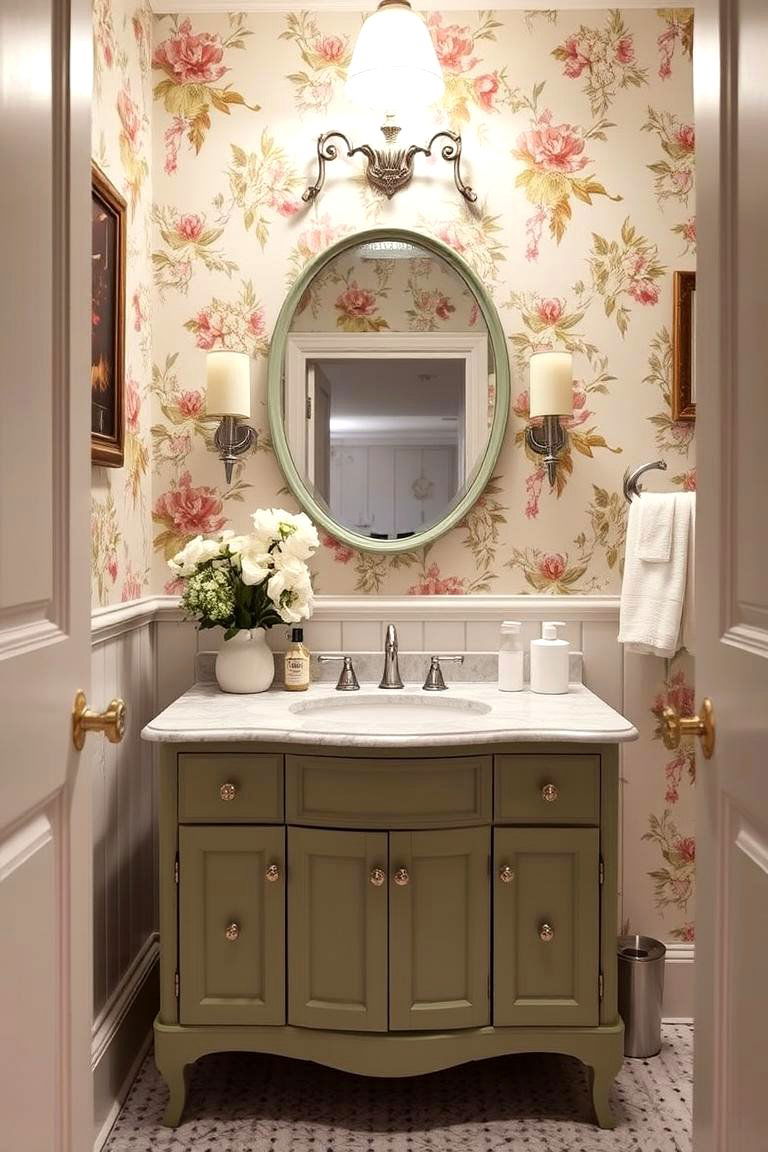 Sage Green Vanity with Floral Wallpaper - 24 Bathroom With Green Vanity