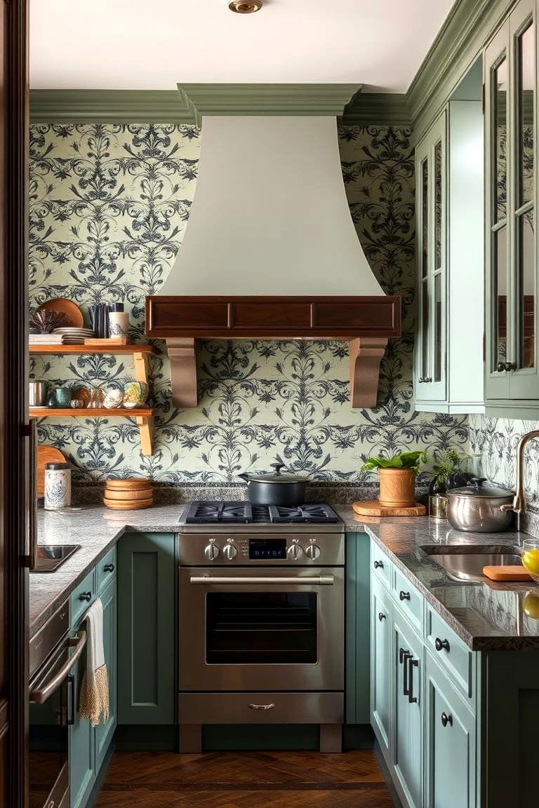 Sage Green Wallpaper with Black Motifs - 24 Sage Green and Black Kitchen Ideas