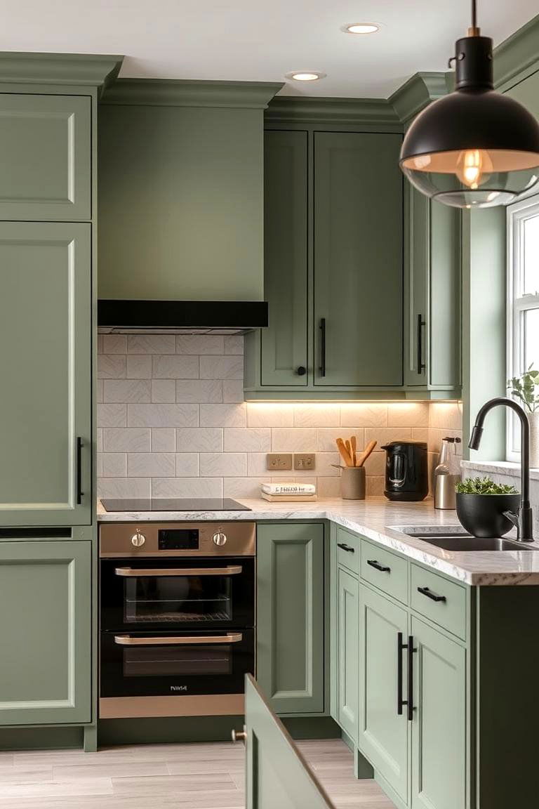 Sage Green Walls with Black Metallic Details - 24 Sage Green and Black Kitchen Ideas