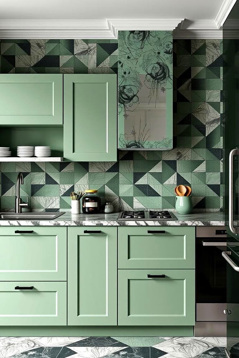 Sage Green and Black Geometric Patterns - 24 Sage Green and Black Kitchen Ideas