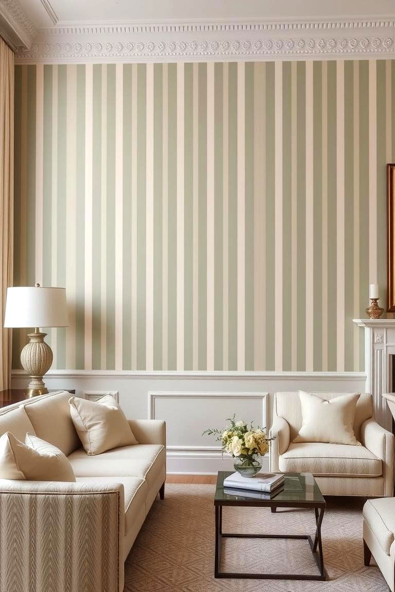 Sage Green and Cream Striped Wallpaper - 24 sage green and cream living room ideas