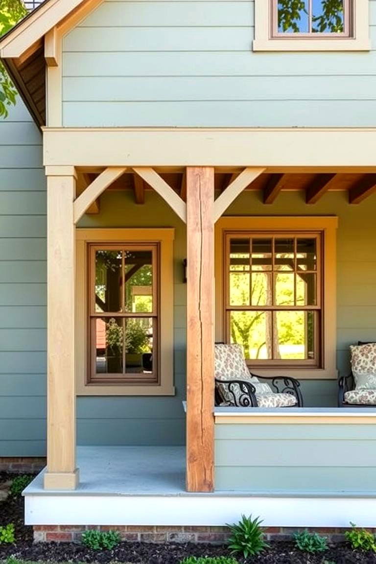 Sage Green with Wooden Accents - 24 Farmhouse Green Exterior Home Ideas
