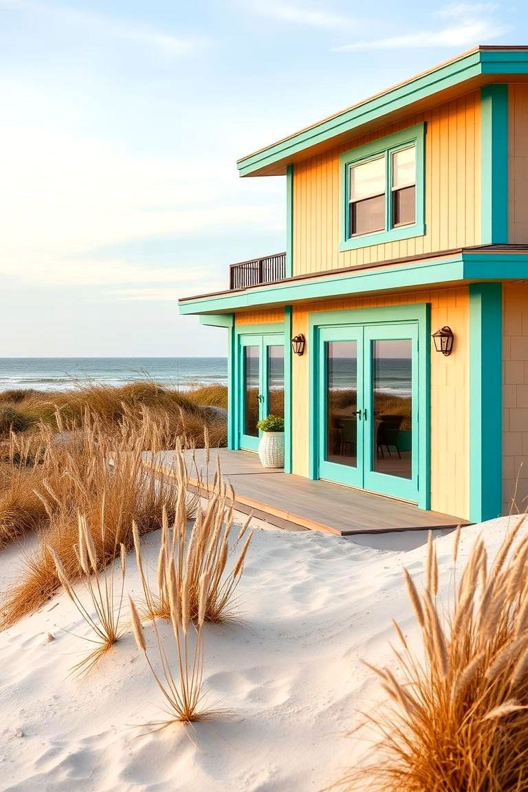 Sandy Beige with Aqua Trim - 24 Exterior Home with a Black Roof Ideas