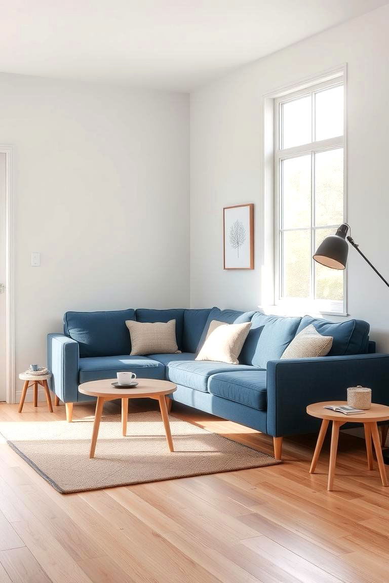Scandinavian Blue Couch with Light Wood Tones - 24 Blue Couch Living Room Ideas