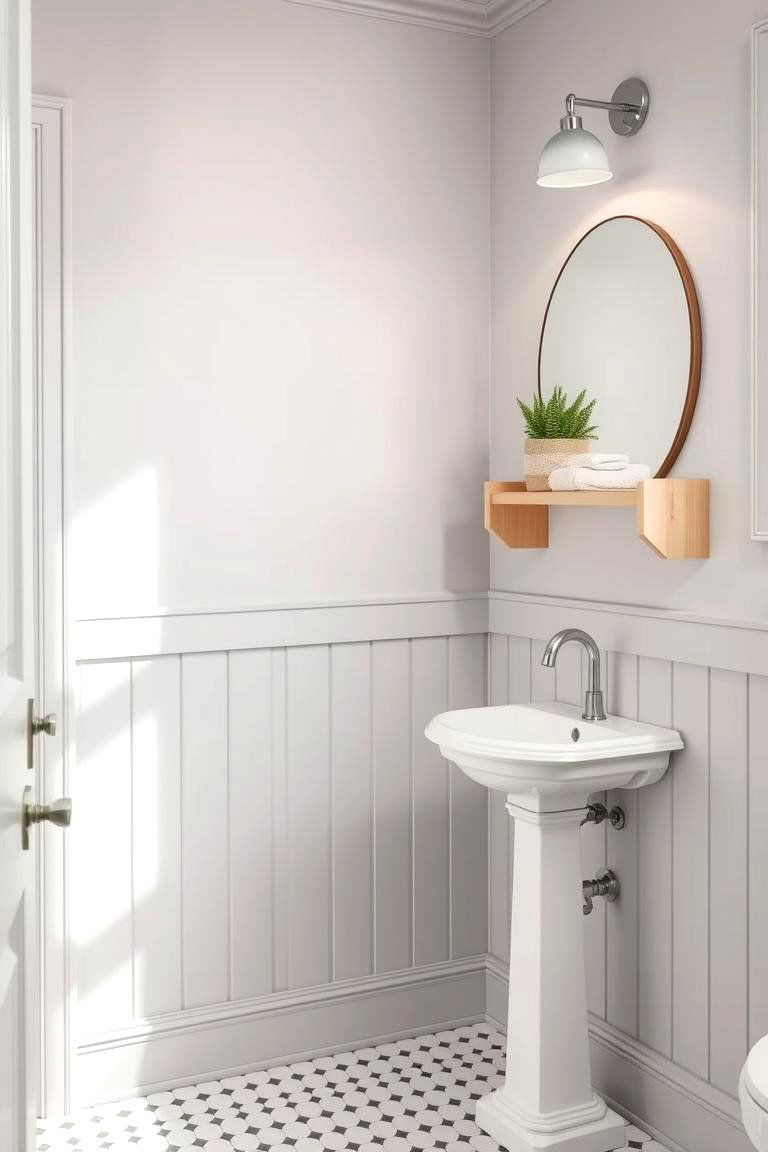 Scandinavian Inspired Grey and White Bathroom with Natural Wood Accents - 24 Grey and White Bathroom Ideas