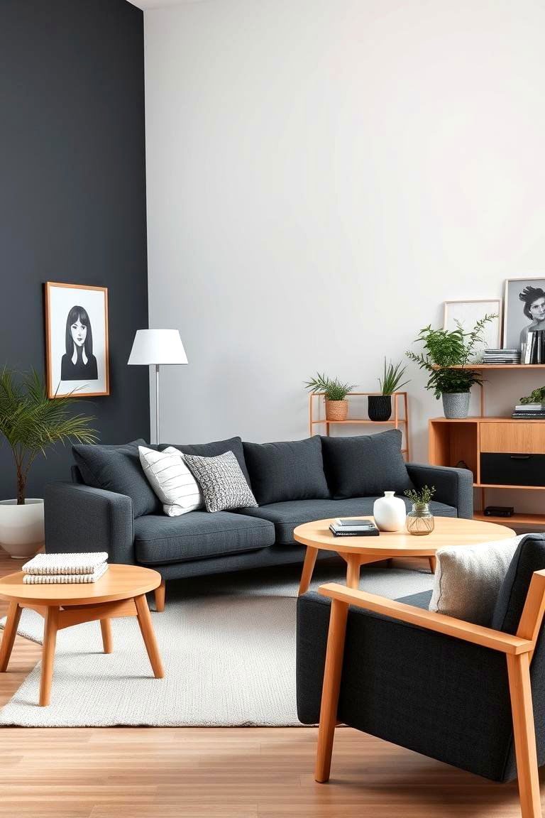 Scandinavian Simplicity with Wood Elements - 24 dark grey couch living room ideas