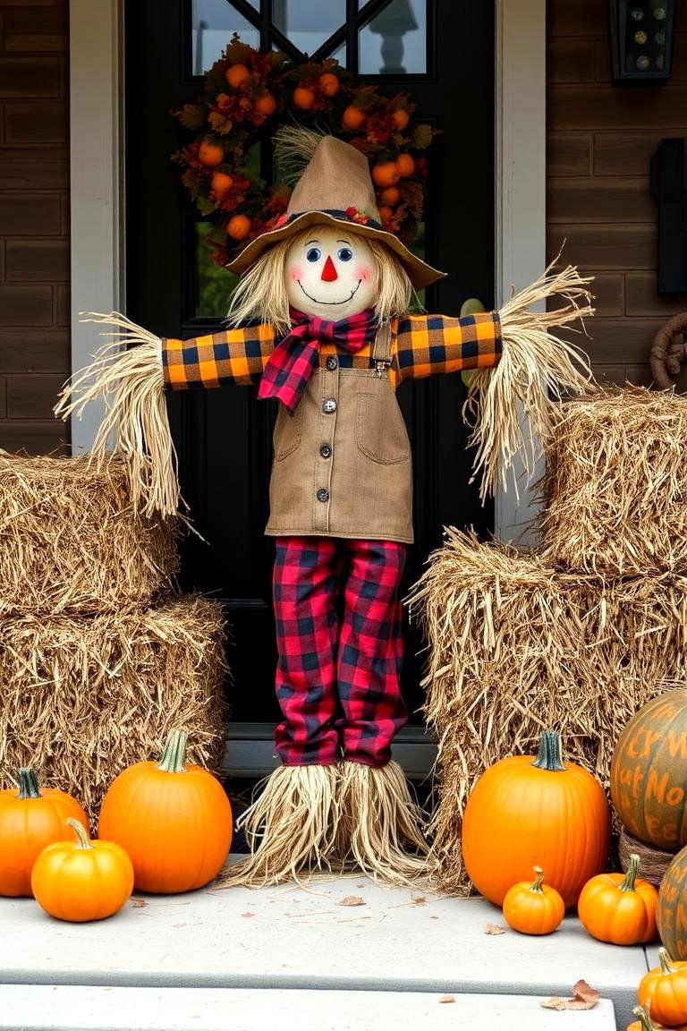 Scarecrow and Hay Bale Display - 24 Front Door Fall Decor Ideas