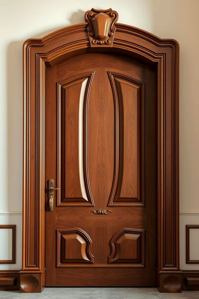 Sculpted Design with Curved Detailing - 24 Brown Front Door Ideas