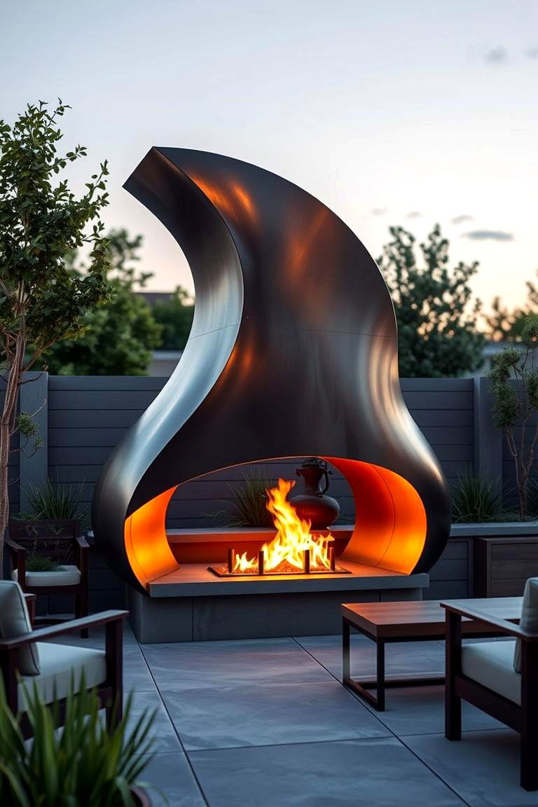 Sculptural Metal Fireplace Design - 24 Outdoor Corner Fireplace Ideas