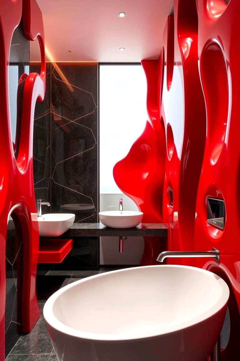 Sculptural Red Elements - 24 Red Bathroom Ideas
