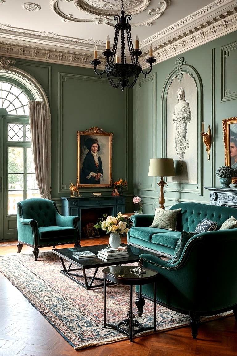 Sculptural Victorian Furniture in Dark Green - 24 Victorian Dark Green Living Room Ideas