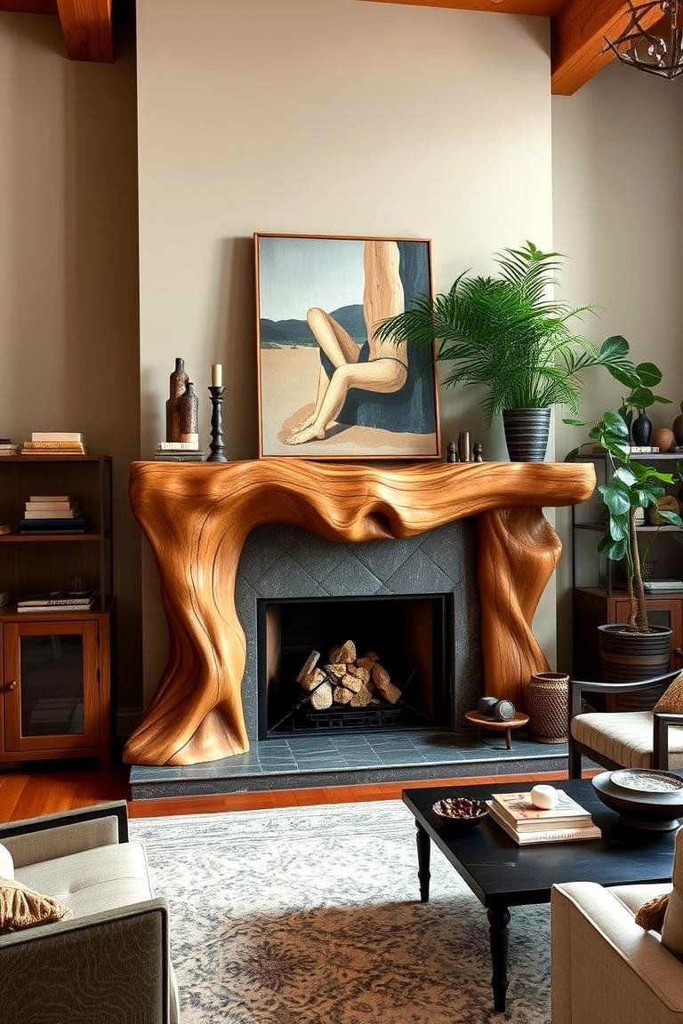 Sculptural Wood Mantel - 24 Wood Mantel Ideas
