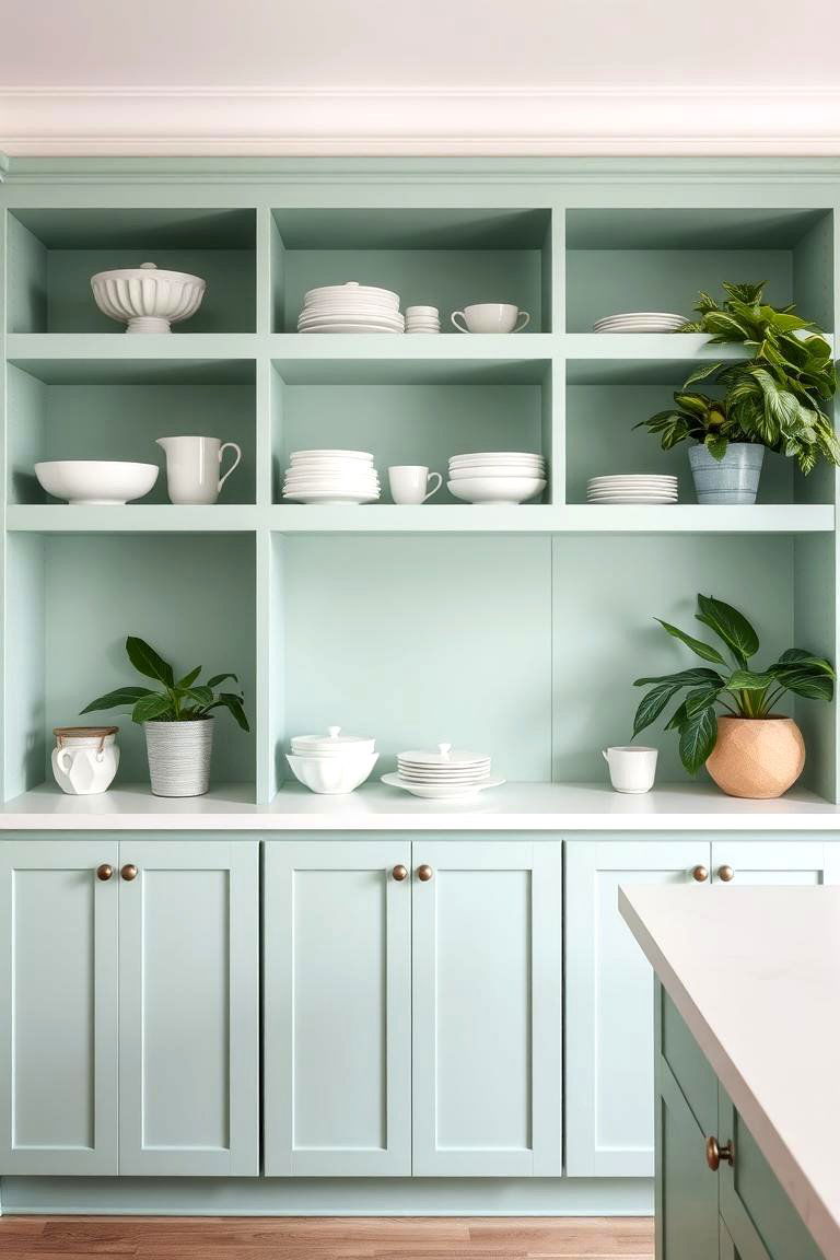 Seafoam Green Open Shelving Display - 24 Seafoam Green Kitchen Ideas