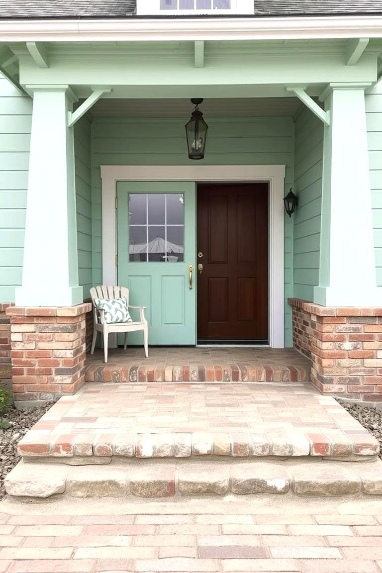 Seafoam Green with Brick Foundation - 24 Farmhouse Green Exterior Home Ideas