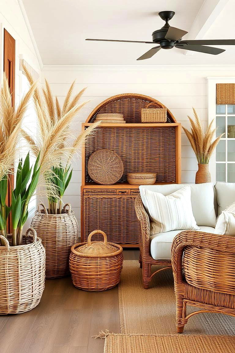 Seagrass and Wicker Accents - 24 Coastal Living Room Ideas
