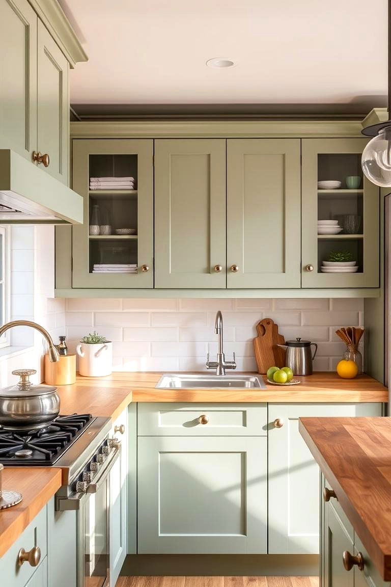 Seamless Blend of Modern and Rustic - 24 Sage Green Kitchen Cabinets With Butcher Block Countertops