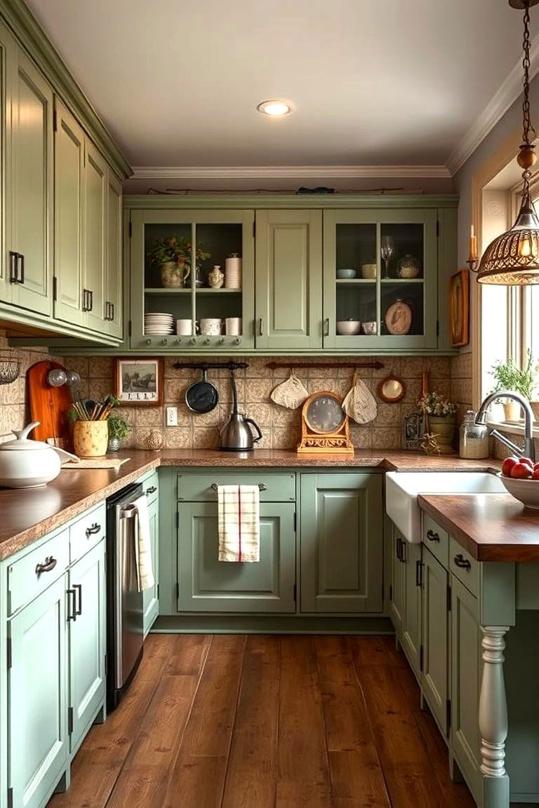 Seamless Blend with Vintage Decor - 24 Rustic Sage Green Kitchen Cabinets