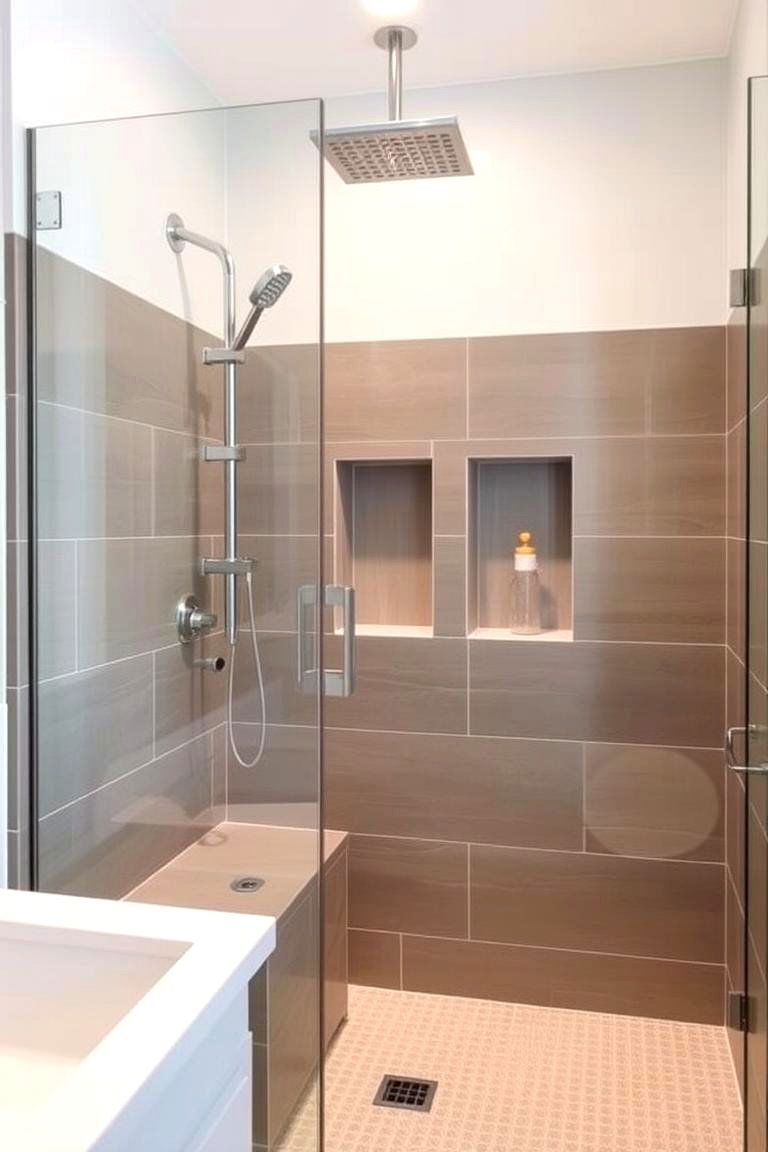 Seamless Integrated Storage - 24 Doorless Walk In Shower Ideas
