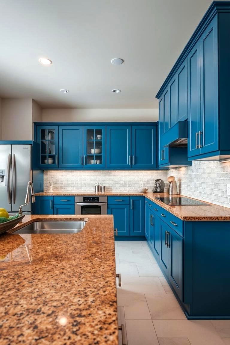Seamless Integration into Modern Layouts - 24 blue kitchen cabinets with brown granite countertops