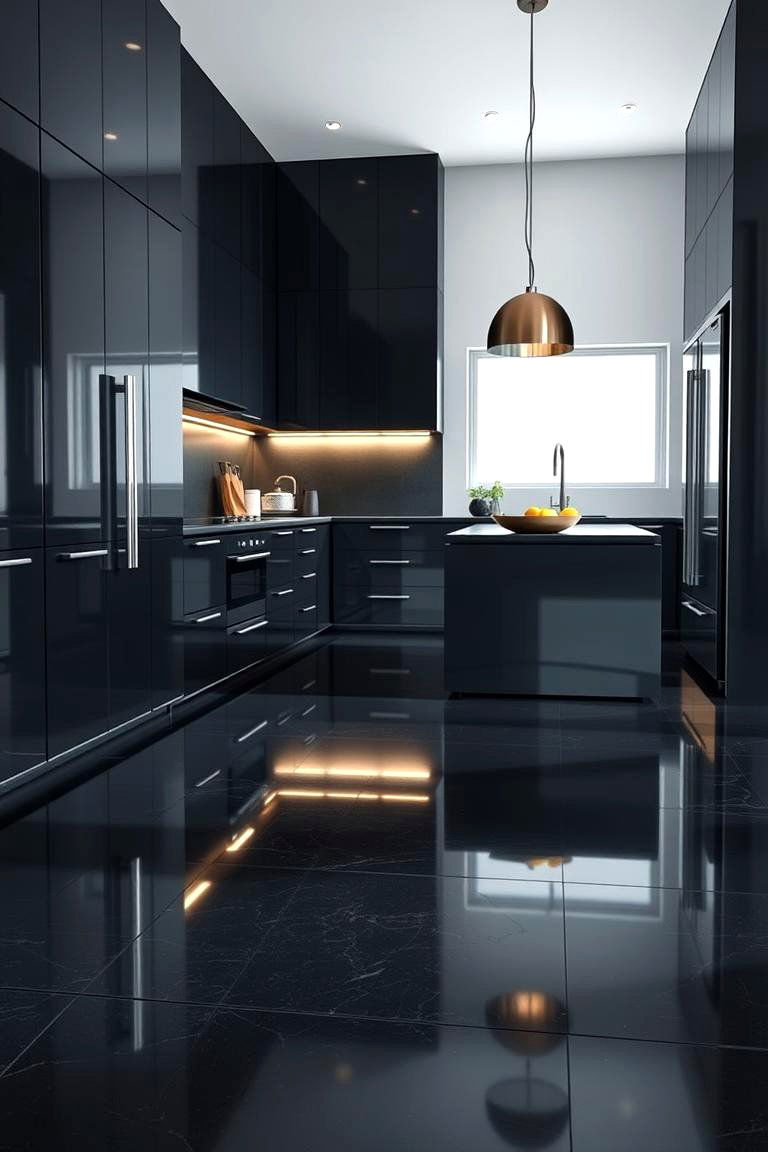 Seamless Polished Black Floor Finish - 24 Black Floor Kitchen Ideas