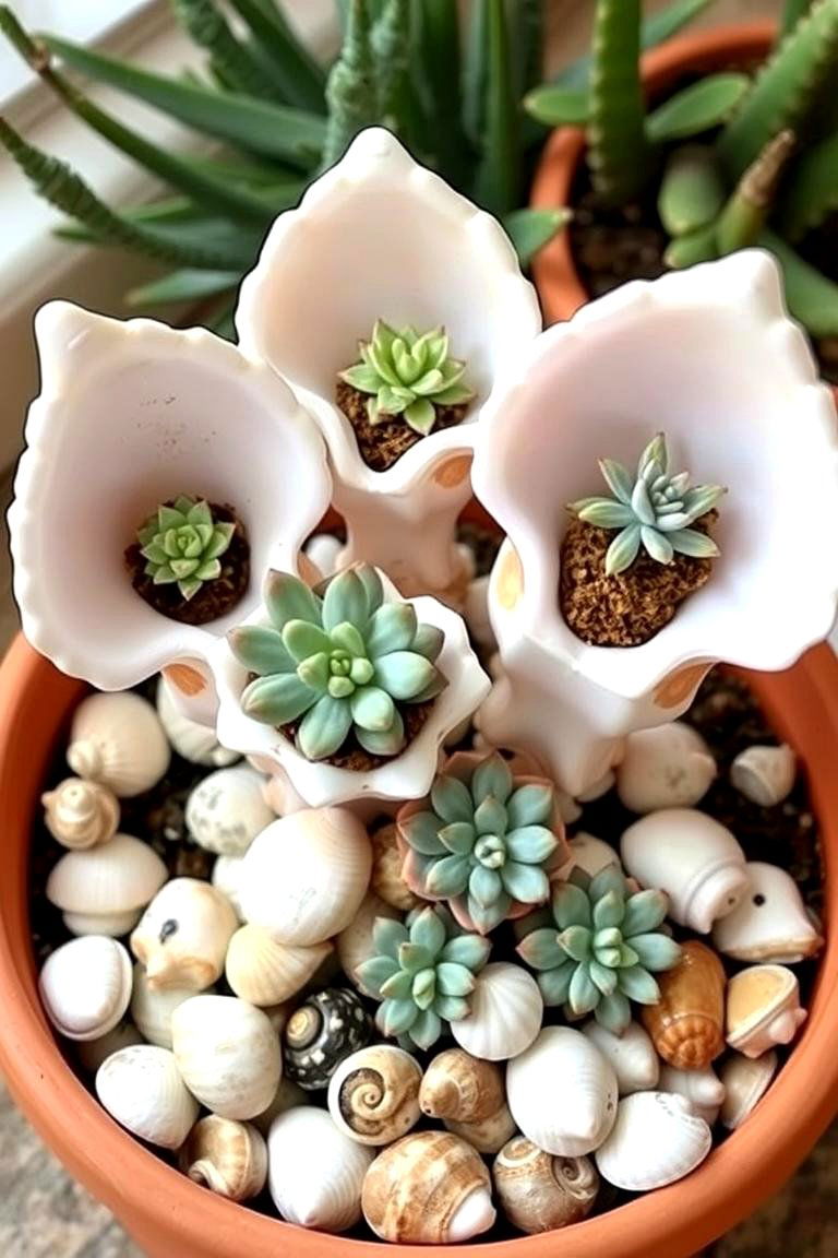 Seashell Accents - 24 Outdoor Succulent Container Ideas