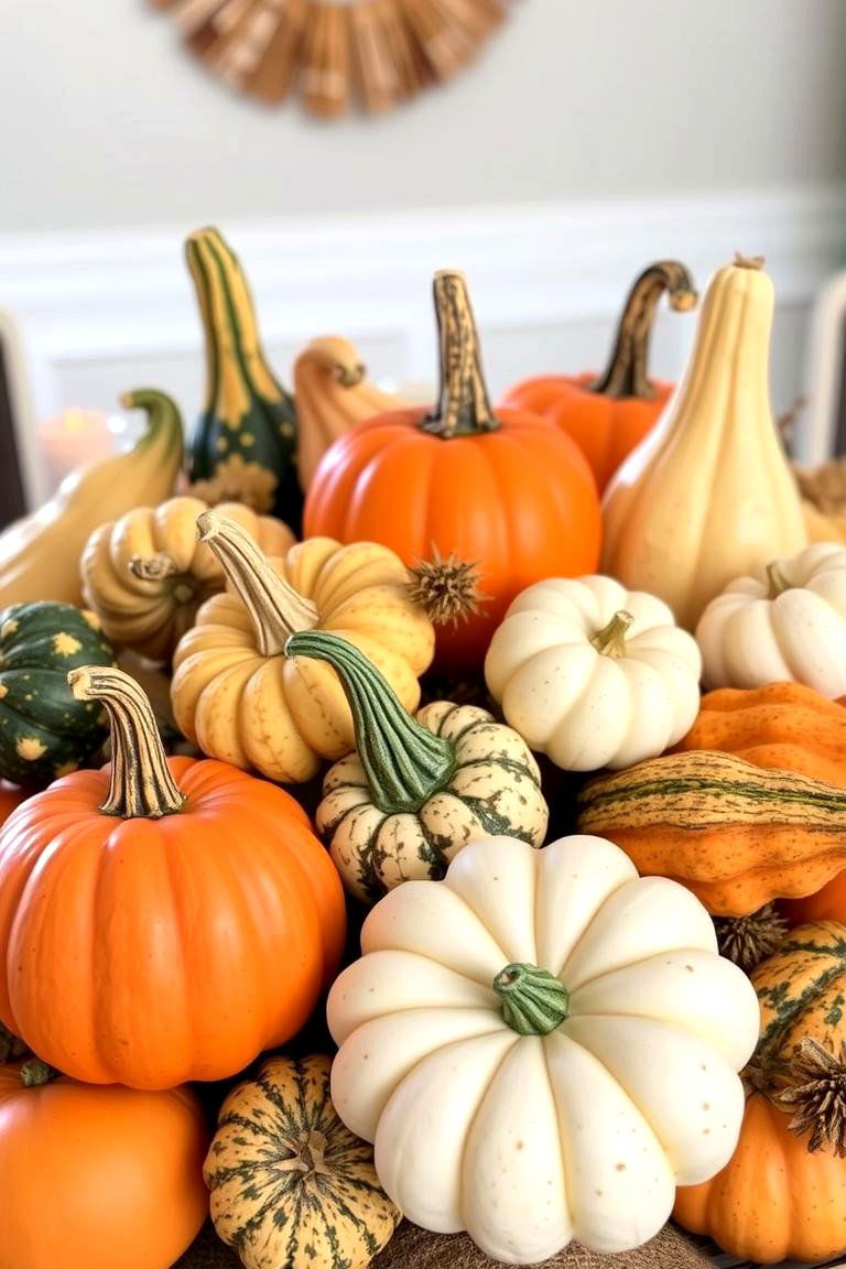 Seasonal Gourds Centerpiece - 24 Friendsgiving Decor Ideas