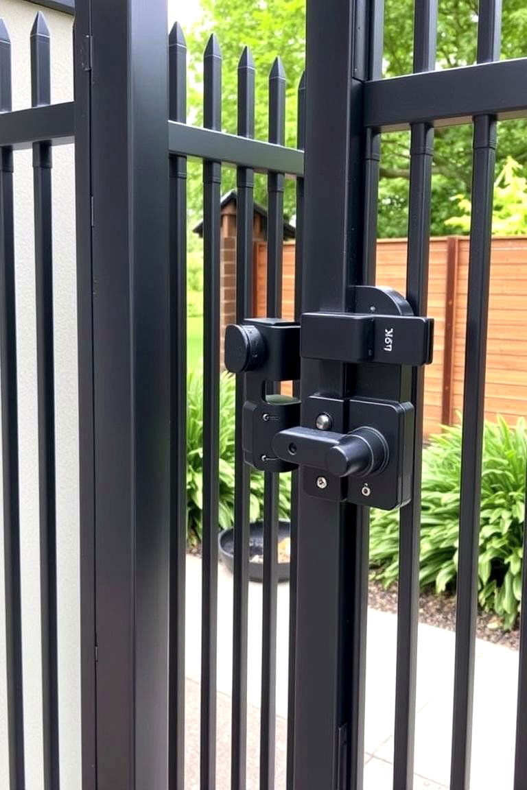 Security Focused Metal Gate with Modern Locks - 24 Metal Garden Gate Ideas