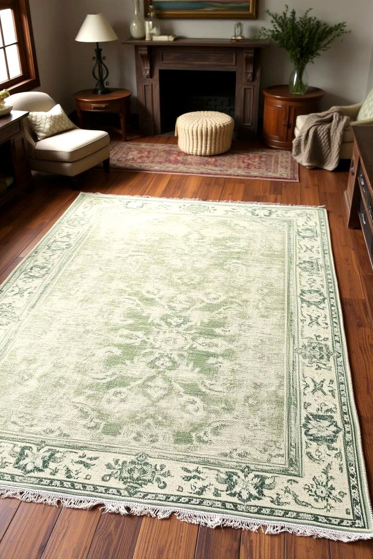 Select a Vintage Rug with Sage Green Patterns - 24 Rustic Sage Green Living Room Ideas