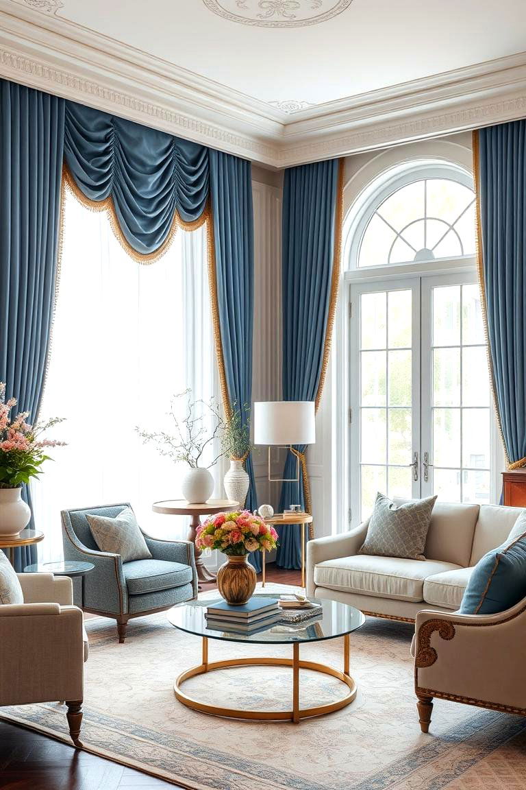 Serene Blue and Gold Window Treatments - 24 Blue and Gold Living Room Ideas