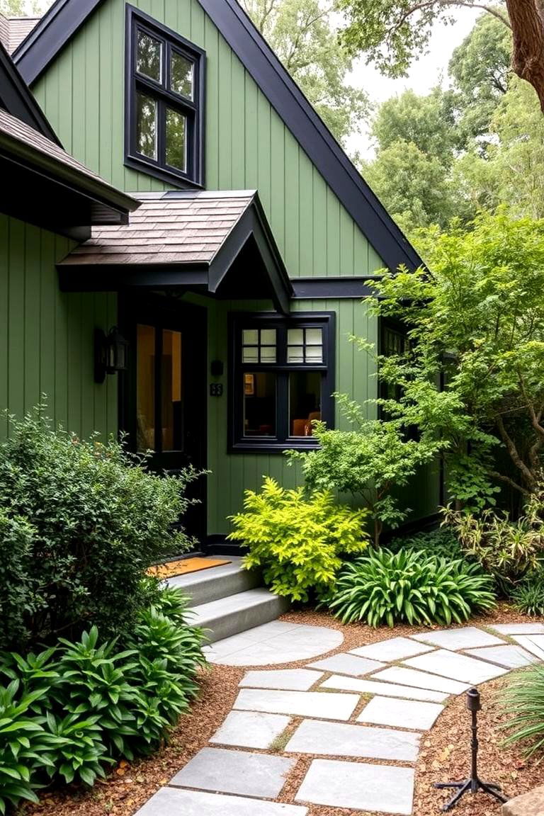 Serene Garden Integration - 24 Green House Exterior With Black Trim