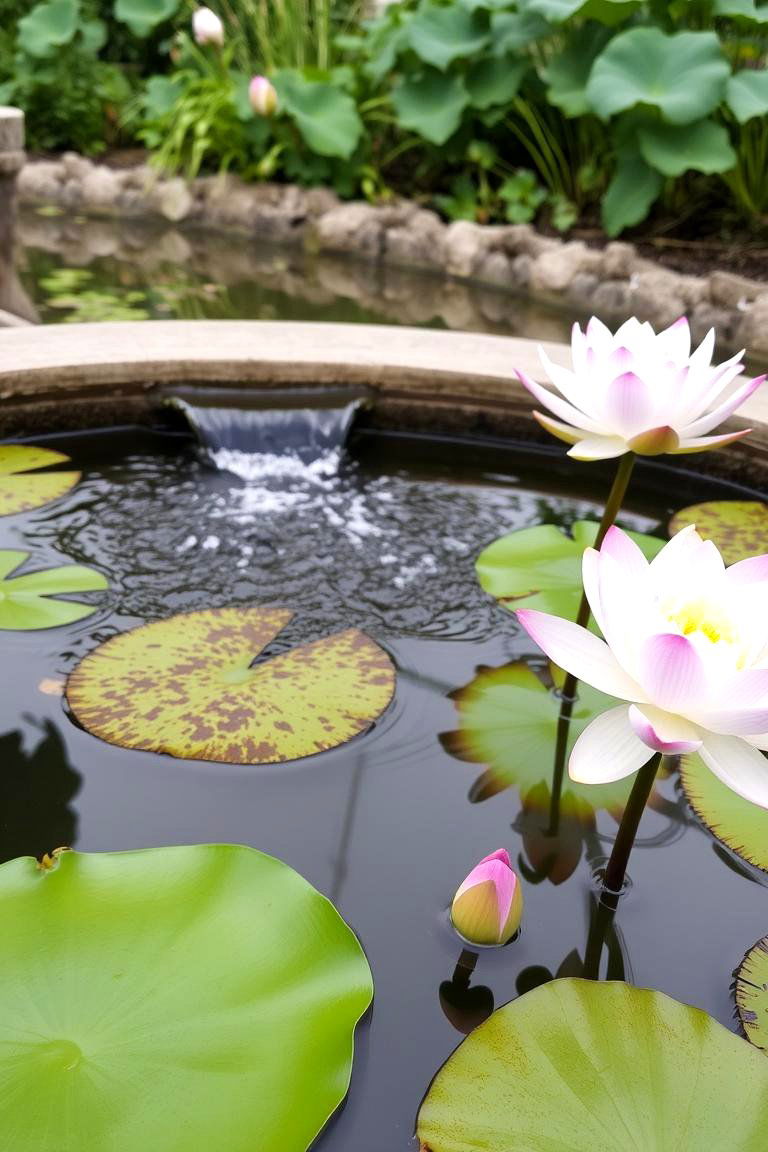 Serene Water Feature with Lotus - 24 Garden Centerpiece Ideas