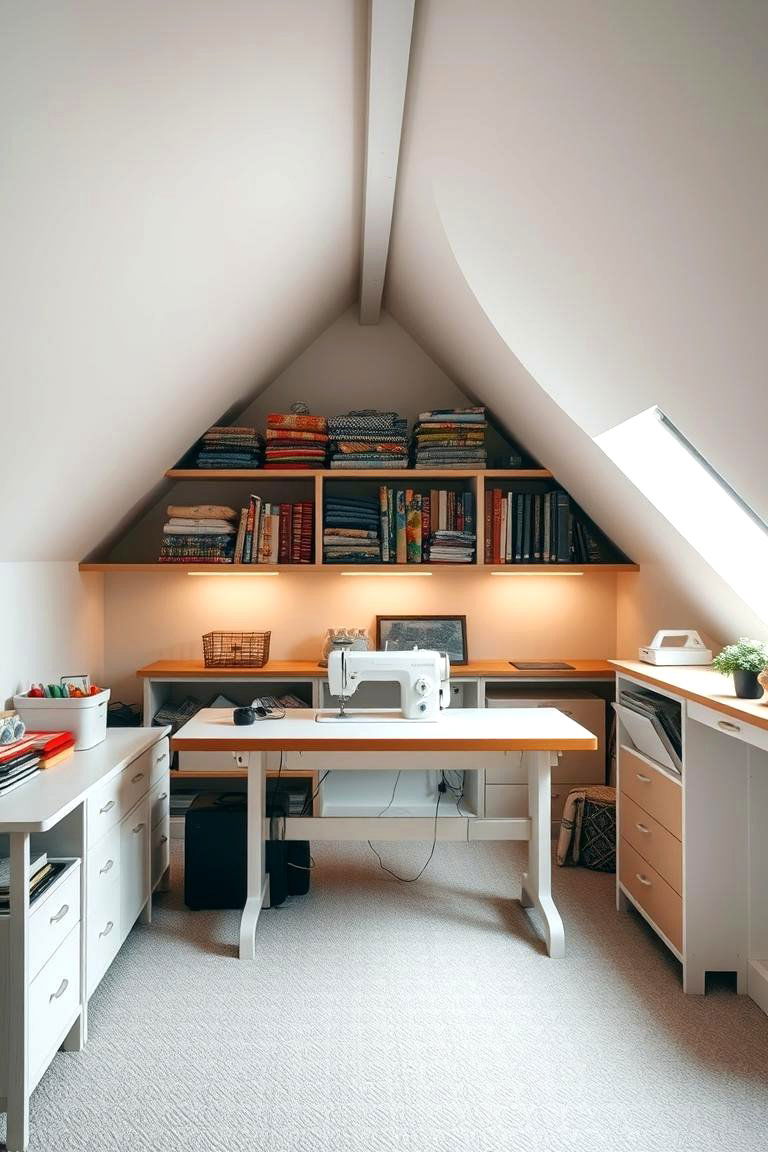 Sewing Room with Dedicated Workspace - 24 Low Ceiling Small Attic Room Ideas