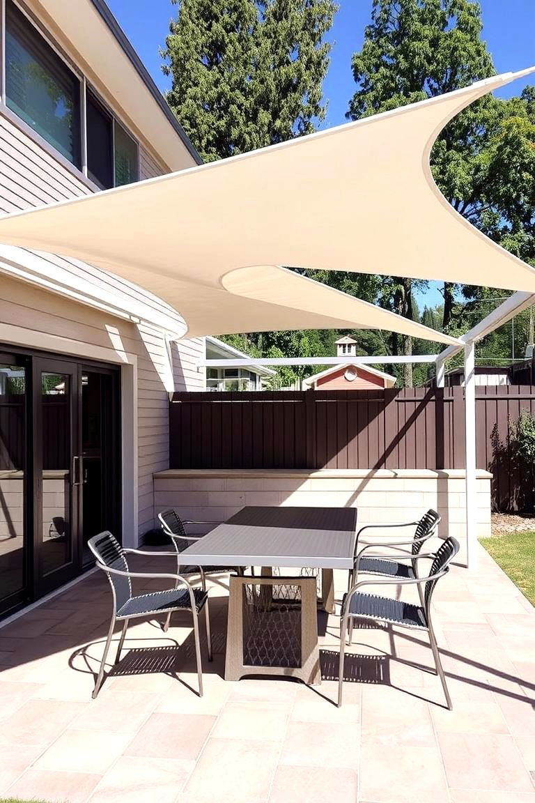 Shade Sail Covered Dining Space - 24 Outdoor Dining Area Ideas