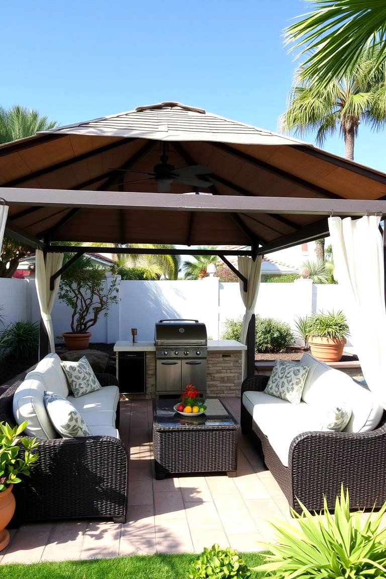 Shaded Lounge Gazebo Kitchen with Grill - 24 Outdoor Kitchen with a Gazebo Ideas