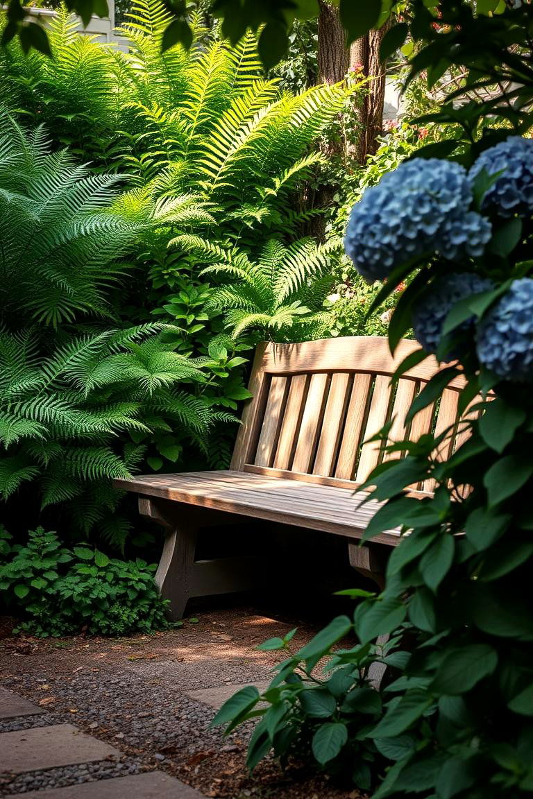 Shady Corner Bench with Lush Greenery - 24 Shade Garden Design Ideas