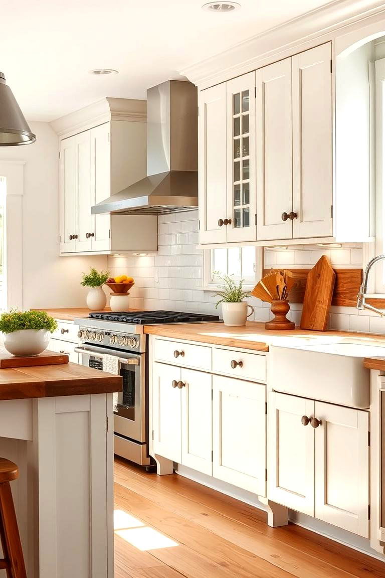 Shaker Cabinets with Warm Wood Accents - 24 Rustic White Kitchen Ideas