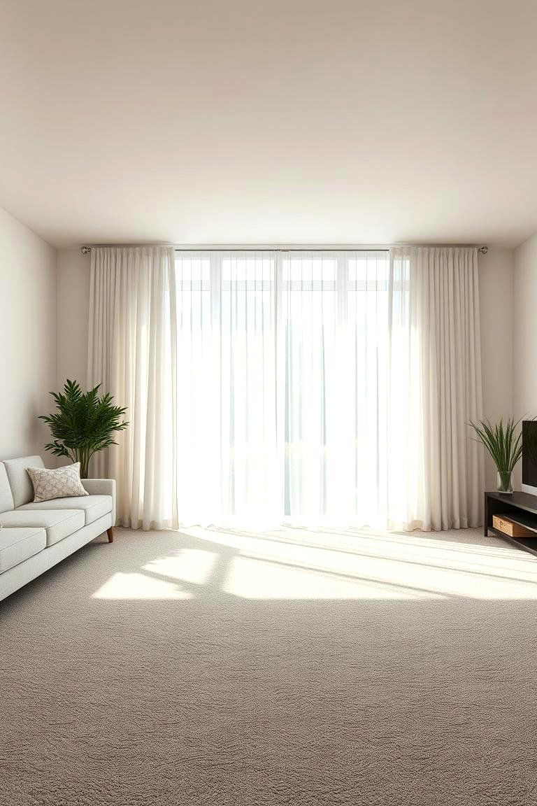 Sheer Curtains for Soft Light with Grey Carpet - 24 grey carpet living room ideas