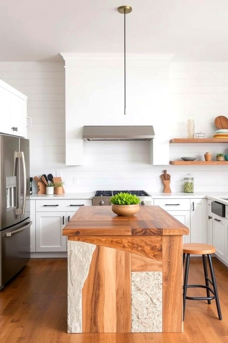 Shiplap Accents with Mixed Material Kitchen Island - 24 Kitchen Shiplap Ideas With Kitchen Island Ideas