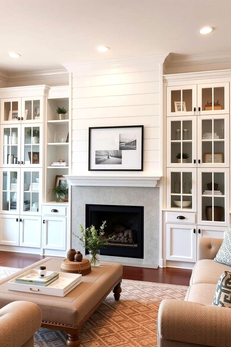 Shiplap Integrated with Built ins - 24 Shiplap Living Room Ideas