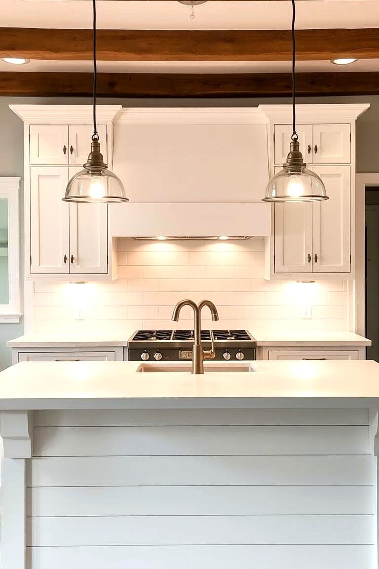 Shiplap Island with Lighting Fixtures Above - 24 Shiplap Kitchen Island Ideas