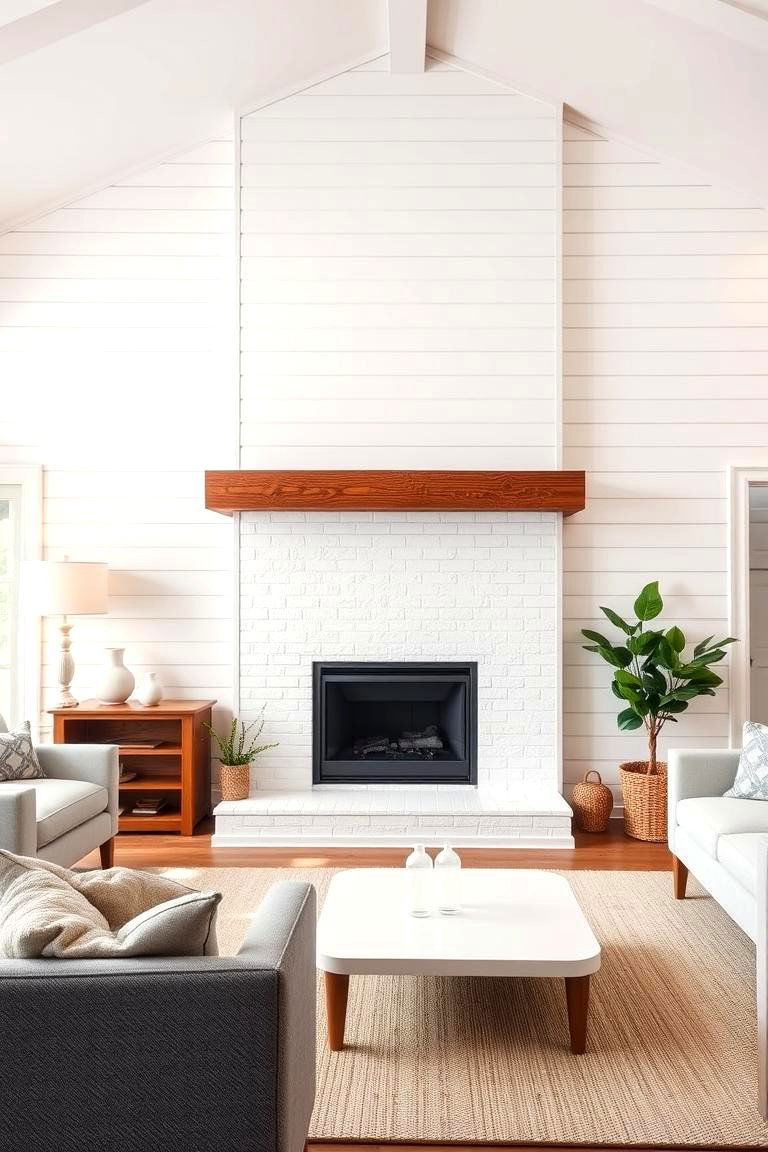 Shiplap White Fireplace Wall - 24 White Fireplace Ideas